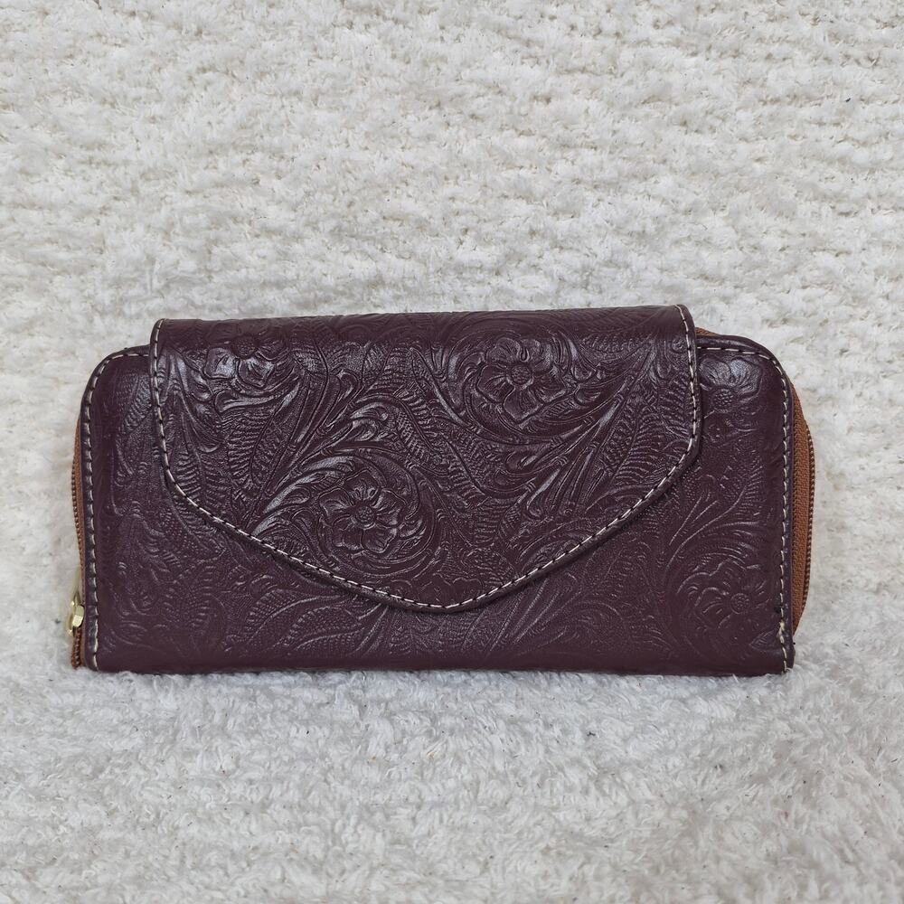 Burgundy Mexican Handmade Floral Embossed Leather Flap Closure Wallet